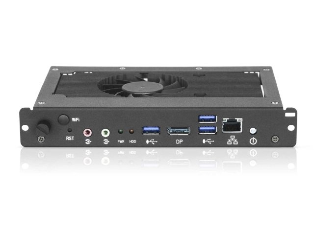 OPS module front I/O panel showing power button, WiFi, audio, USB, DisplayPort, and LAN ports